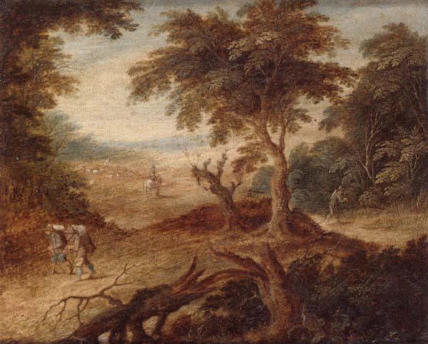 unknow artist A wooded landscape with travellers and a horseman on a track oil painting image